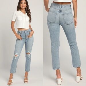 AGOLDE Riley Jeans High Rise Distressed Straight Cropped Light Blue Size 24